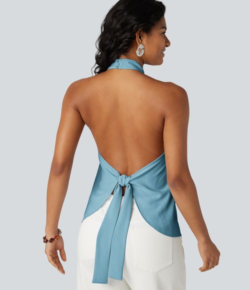 Backless Tie-back Casual Halter Top Tank Top - Milky Blue