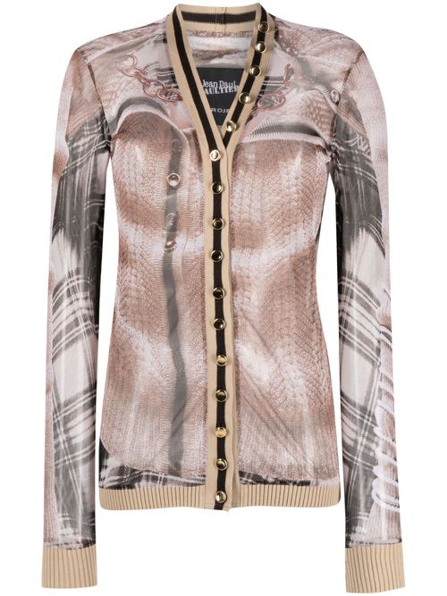 Trompe L'oeil mesh cardigan top - Neutrals