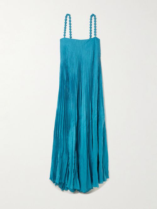 Un Ritmo Bead-embellished Plissé-linen Maxi Dress - Blue