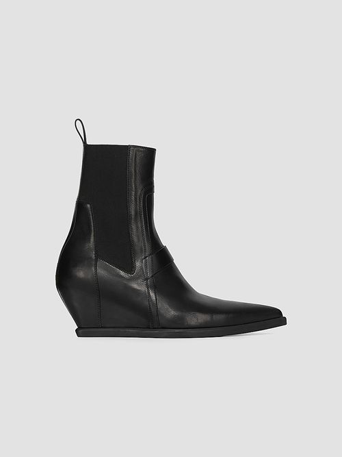 Men's Point Toe Leather Wedge-Heel Ankle Boots - Black