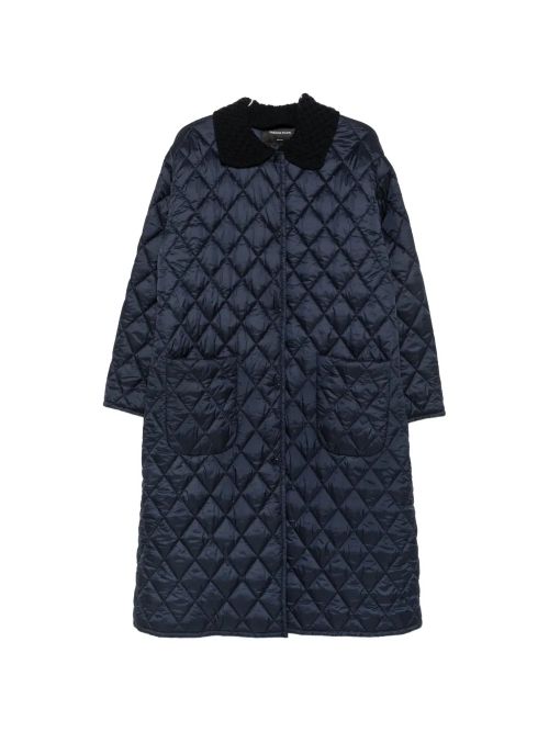 Quilted Contrast-Collar Coat — Navy
