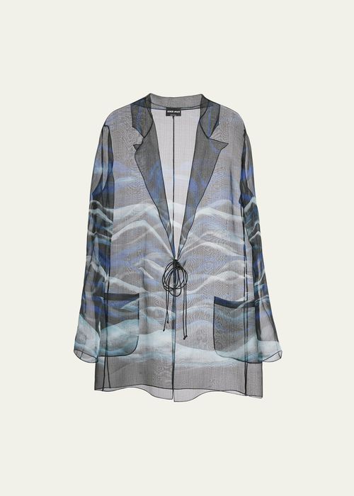 Night Water Print Self-Tie Silk Blouse Jacket