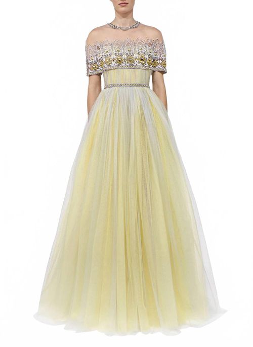 Strapless Gathered Tulle Gown In Yellow