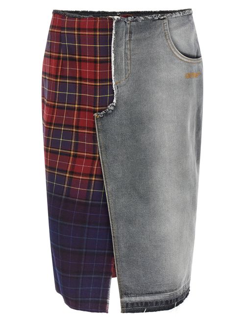 Patchwork Denim & Check Skirt — Gray