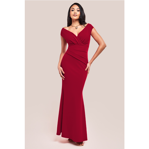 Goddiva Bardot Pleated Maxi Dress - Wine