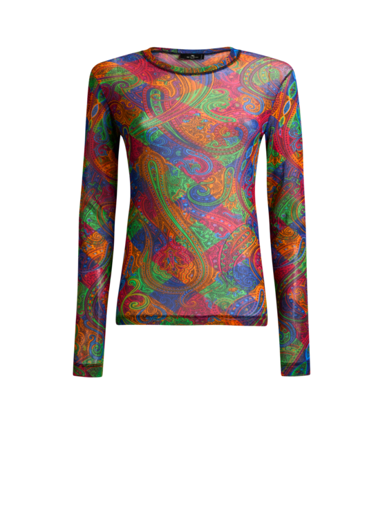 Stretch Tulle Top With Geometric Paisley Motif
