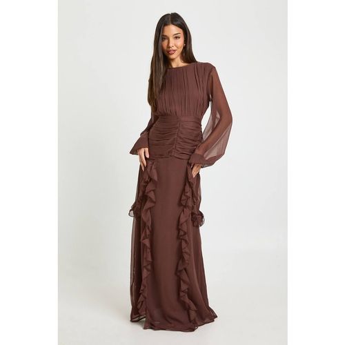 Boohoo Women's Crinkle Chiffon Ruffle Maxi Dress in Chocolate