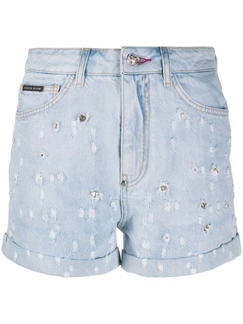 Crystal-embellished denim shorts - Blue