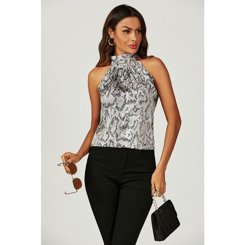 Satin Snake Print Halter Neck Tie Back Top In Silver Grey