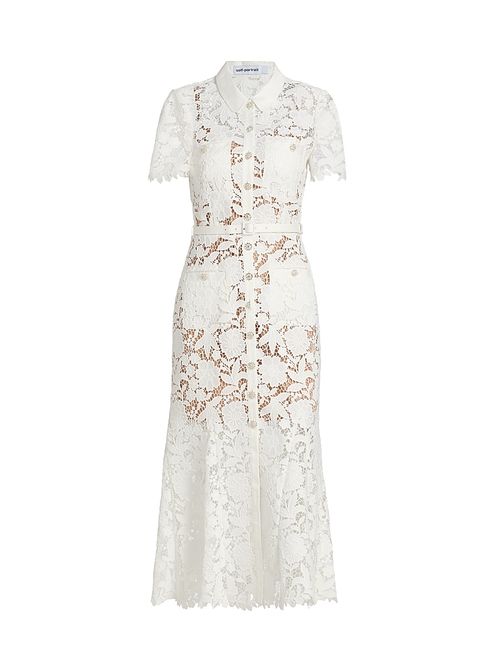Women's Tie-Waist Lace A-Line Midi-Shirtdress - White