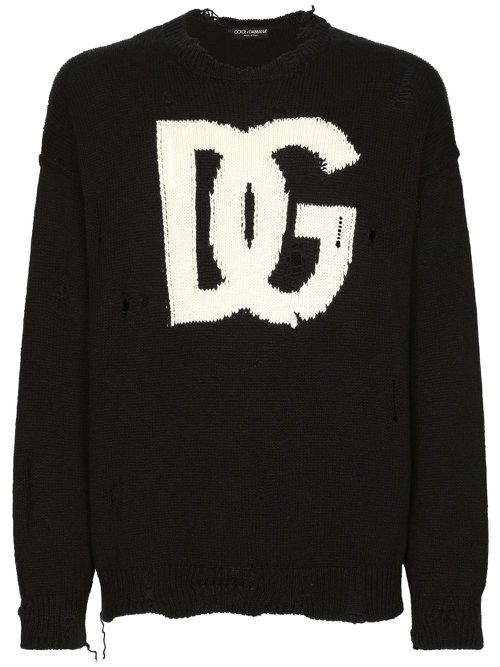 Ripped-detail intarsia-knit logo sweater - Black