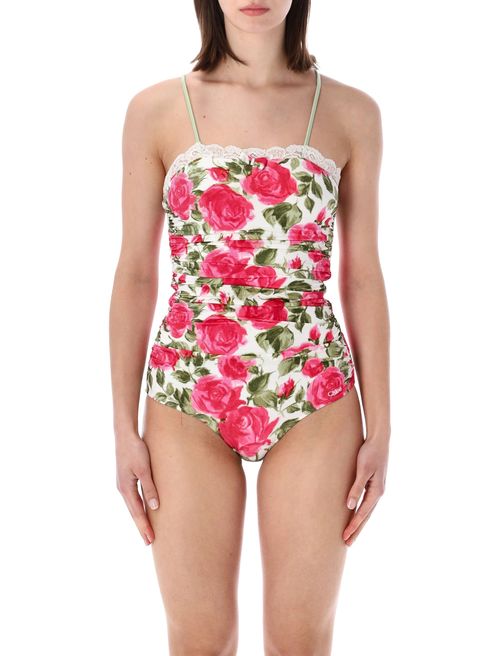 Chloé Ruched One-Piece Swimsuit with Rose Print, Bow Detail & Stretch Fit