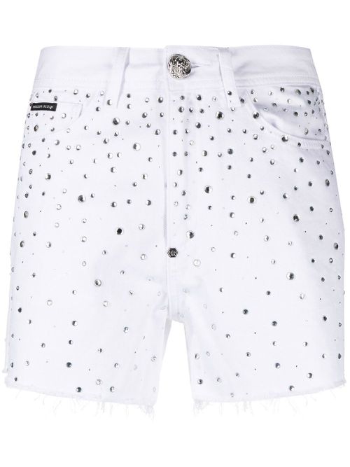 Crystal-embellished denim shorts - White