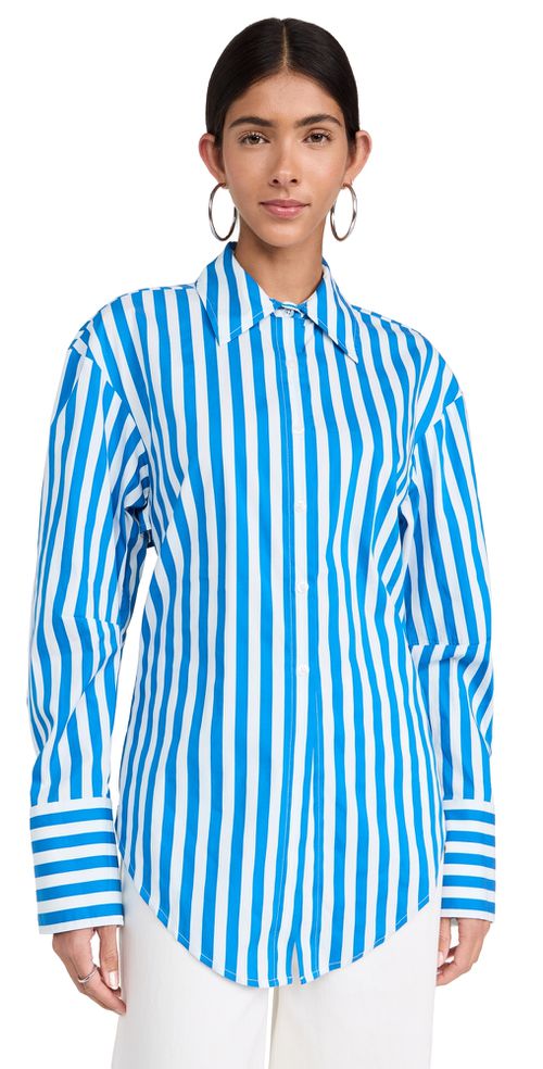 Loch Striped Poplin Button Up Top Blue Stripe