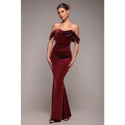 Goddiva Glitter Velvet Cowl Neck Pleated Waist Maxi Dress - Wine