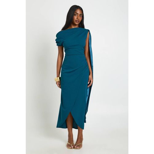 Boohoo Women's Ruched Asymmetric Drape Detail Midaxi Dress in Tea
