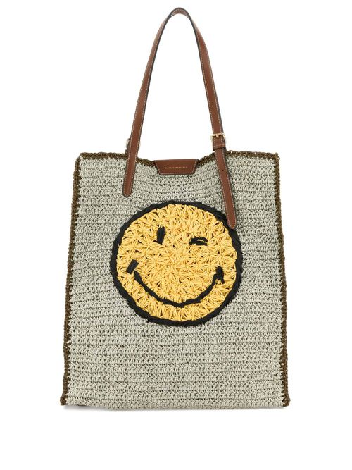 Smiley-motif woven tote bag - Neutrals