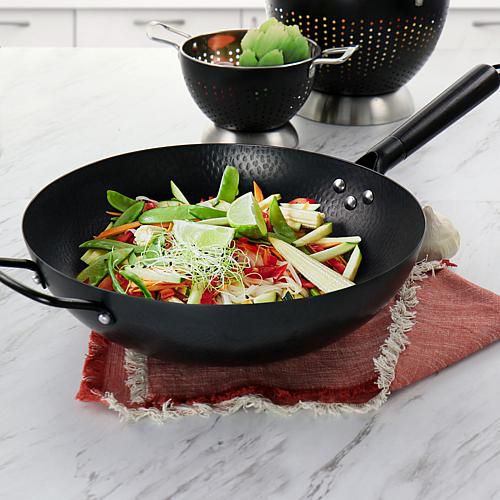 "Home Hammered 13"" Heavy Gauge Carbon Steel Wok in Black"