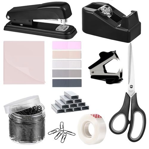 TEMU 9 Pcs Office Supplies Bundle - Manual Desktop Stapler, Tape Dispenser, Scissors, Paper Clips Set, Binder Clips, Index Tabs & Sticky Note