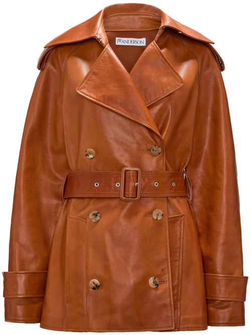 Brown Leather Trench Jacket - Women's - Calf Leather/Cotton