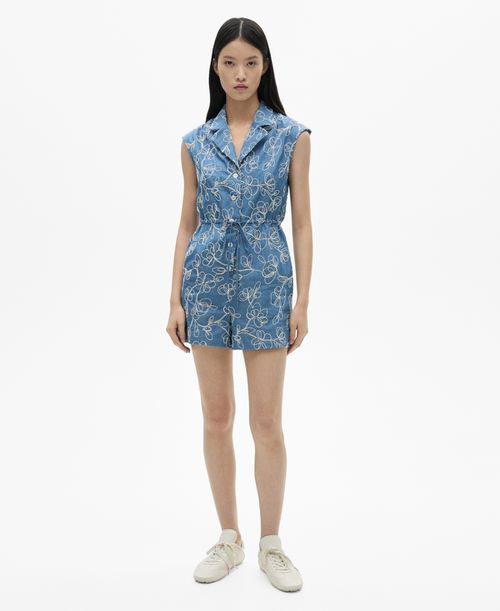 Women's Embroidered Detail Denim Overalls - Medium Blue