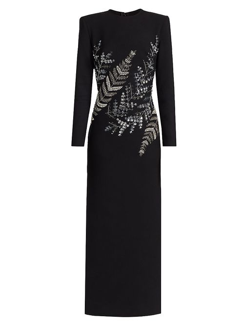 Women's Fern Embroidered Long-Sleeve Stretch-Wool Gown - Black