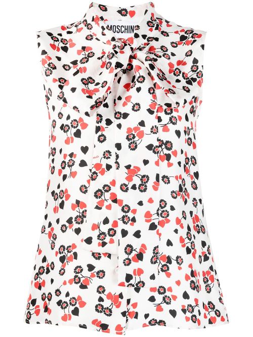 Floral-print pussy-bow collar top - White
