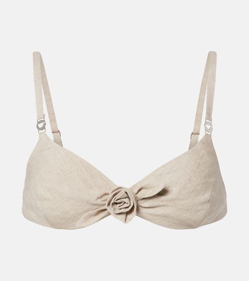 Floral-appliqué linen bra top