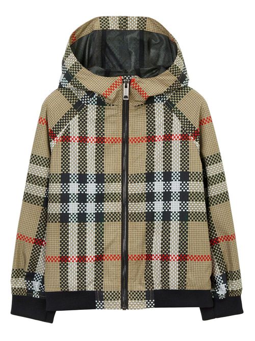 Check-pattern zip-up hooded jacket - Neutrals