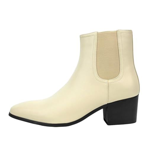 Santimon Men's Pointed Toe Chelsea Ankle Boots Block Heel Leather Sleek Smart Dance Dress Boots Ivory