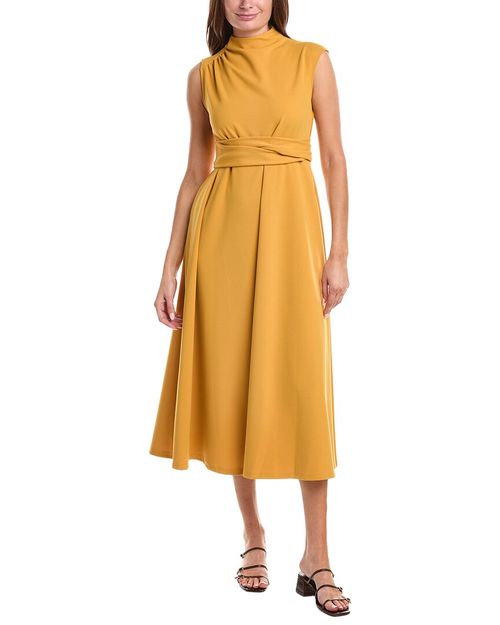 Front Tie Belt Mock Neck Midi Dress