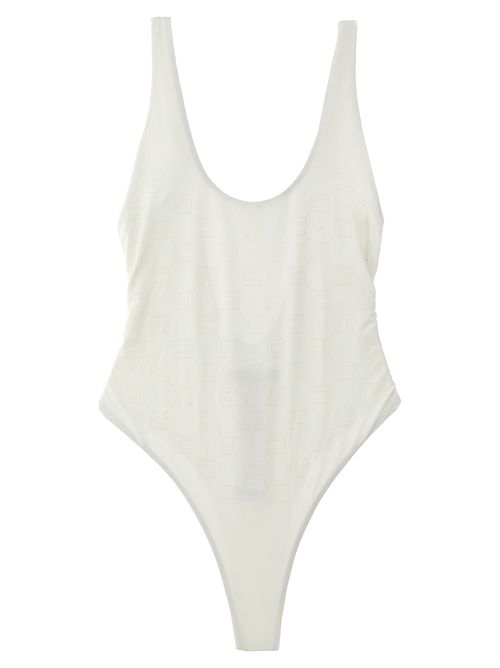 -Rhinestone Logo One-Piece Swimsuit Beachwear Bianco-Donna