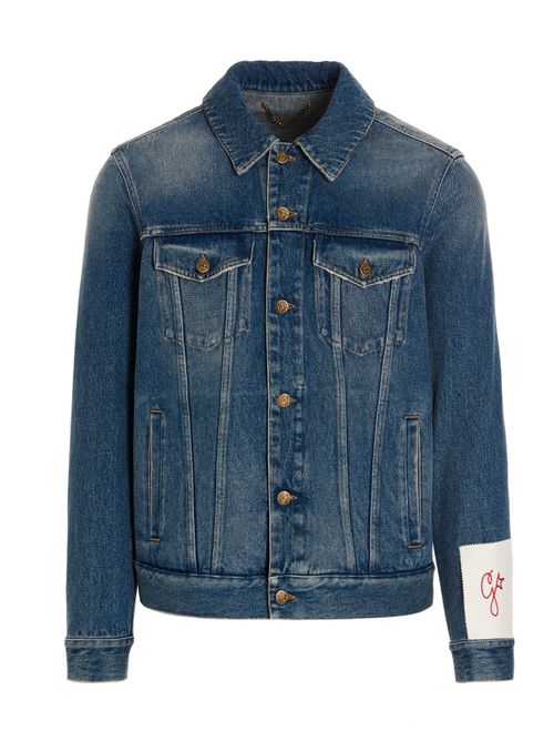 -Logo Patch Denim Jacket Trench E Impermeabili Blu-Uomo