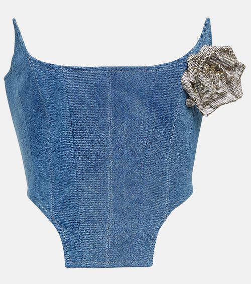 Floral-appliqué denim bustier
