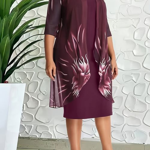 TEMU Plus - Plus - Plus - Abito estivo elegante taglie forti con pannello in rete - Scollo , corta, , tessuto elasticizzato, lunghezza