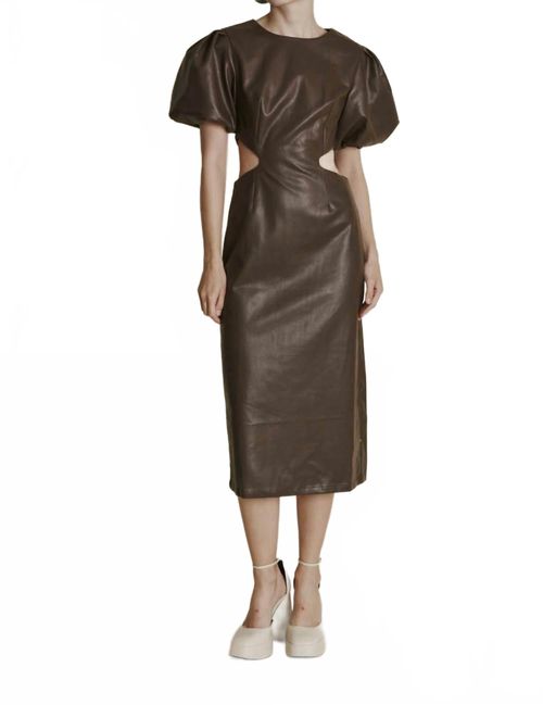 Vegan Leather Cut Out Midi Dress In Brown