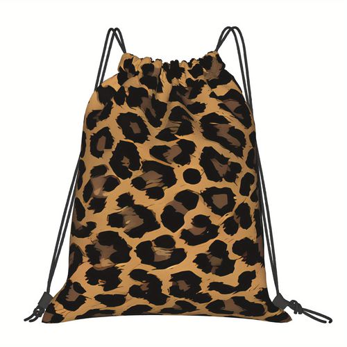 TEMU Biihudu Leopard Print Drawstring Backpack - Soft-shell Durable Bag With Adjustable Drawstring Closure, Practical Pockets & Black/beige Anima