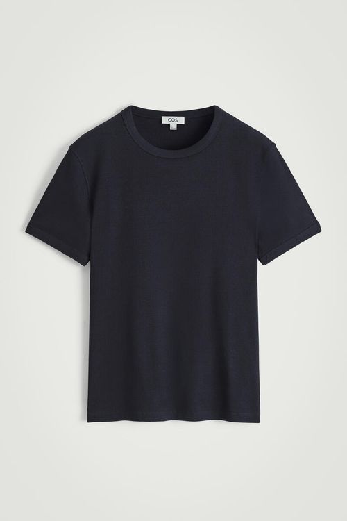 Slim Ribbed Cotton T-Shirt in Navy
