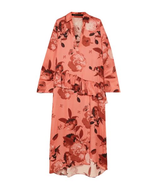 Ruffled floral-print satin midi dress