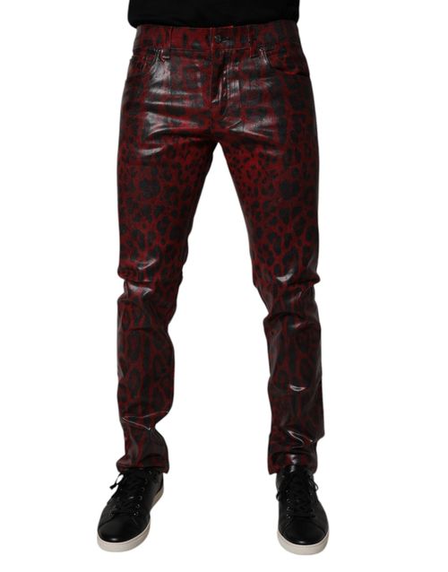 Leopard-Print Denim Jeans — Red