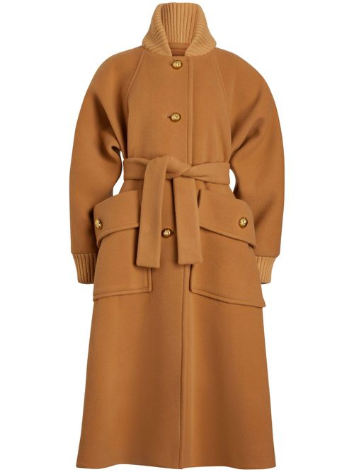 Ribbed-collar tied-waist coat - Brown