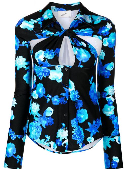 Twisted cut-out floral-motif shirt - Black