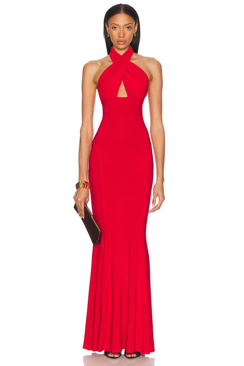 Norma Kamali Cross Halter Fishtail Gown in Tiger Red - Red.  XS also in L, M