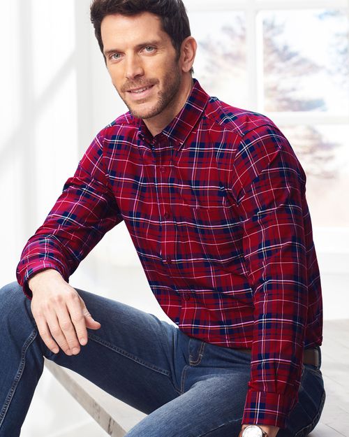 Men's Iconic Long Sleeve Patterned Oxford Shirt in Red, Cotton
