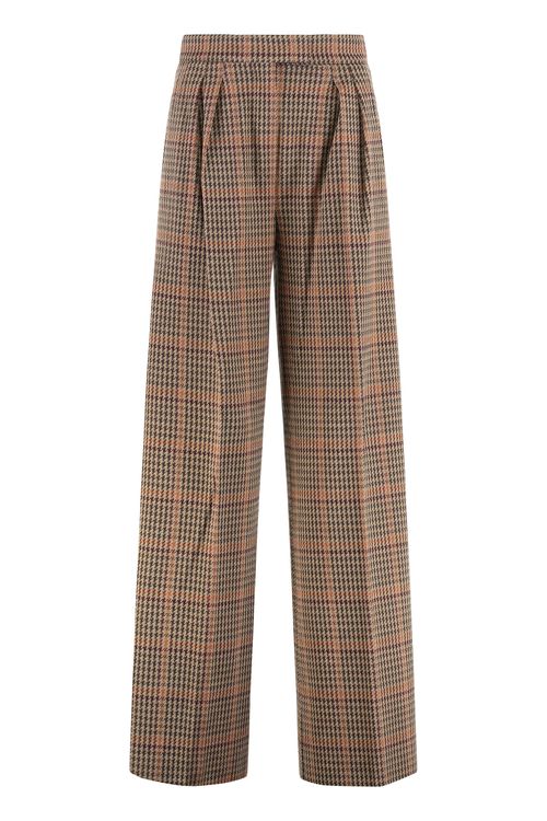Prince of Wales Pattern Wool-Cotton Trousers with Double Pleats