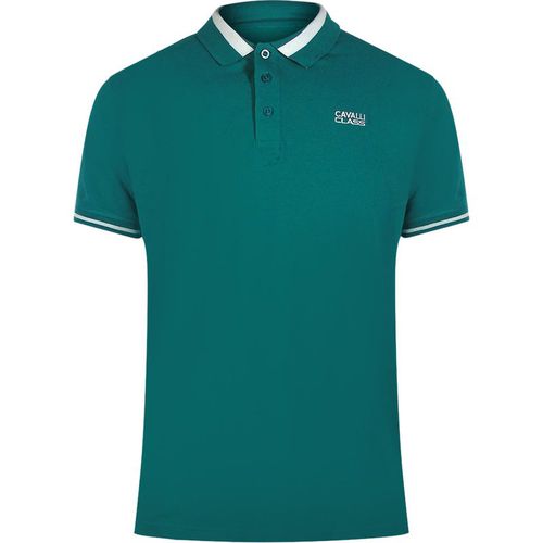 Cavalli Class Mens Bold Stripe Collar Green Polo Shirt Cotton