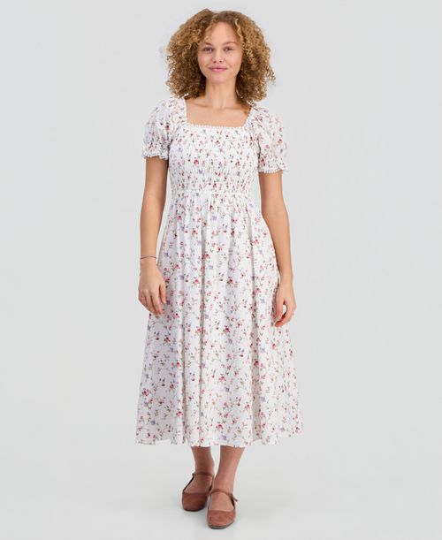 Juniors' Textured Floral Printed Puff-Sleeve Midi Dress - White Cashmere Rose