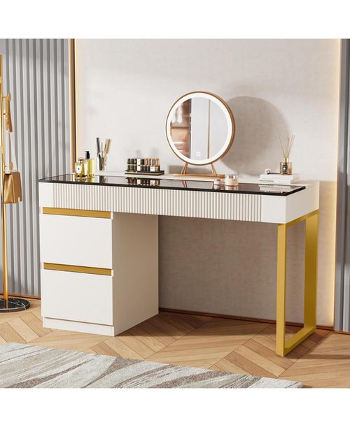 Vanity Desk with Glass Top, 4 Drawers Makeup Vanity Table, Modern Makeup Dresser Desk, White Gold Vanities with Visual Drawer for Bedroom -