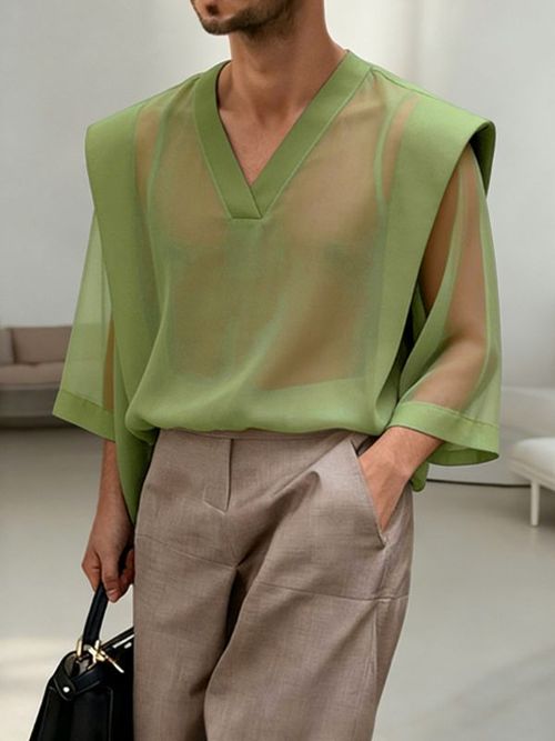 Men's Unisex Avant-Garde Architectural Sheer Organza V-Neck Strong-Shoulder T-shirt SKUL60205 - Green / S