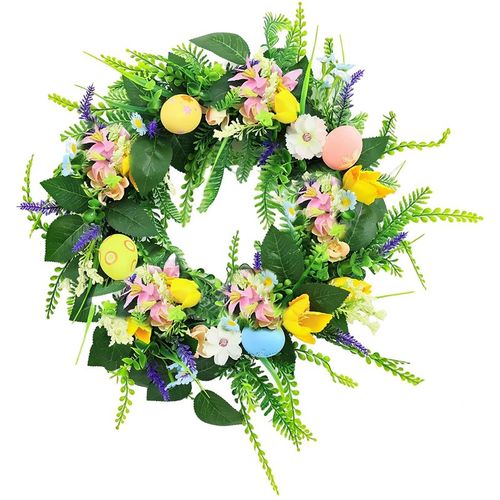 Garvee 18 Inch Easter Wreath for Front Door, Artificial Egg Wreath with Flowers and Green Leaves, Spring Floral Wreath for Indoor Outdoor Home Decor, Style